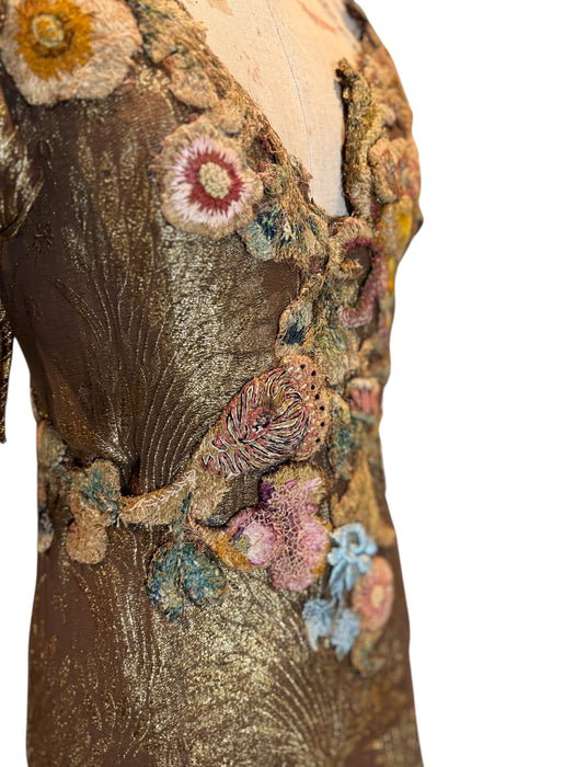 Astrid, 20s bronze/gold bias cut lamé dress with 18thC chenille floral accents