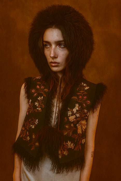 Aerin, reworked 70s sheepskin waistcoat with 19thC embroidery