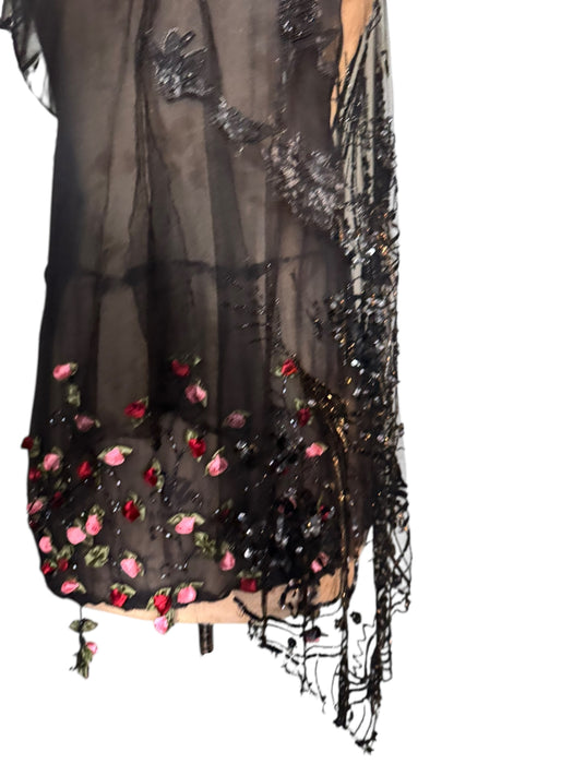 Astral, reworked beaded net capped dress with handmade floral