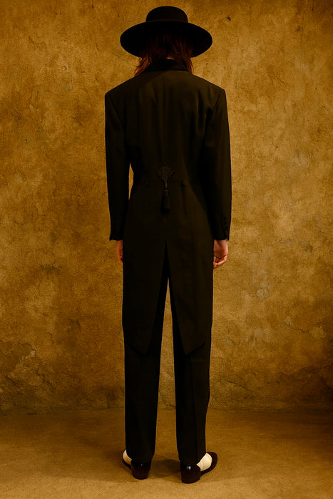 Wade, 70s black wool pleated trousers and tail jacket