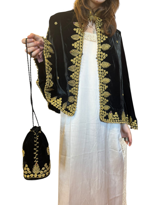 Orion, 30s black velvet and gold thread cape and matching bag
