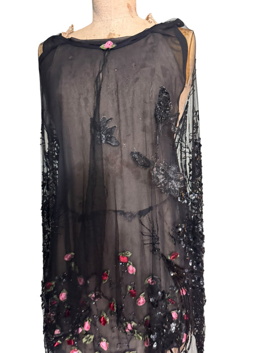 Astral, reworked beaded net capped dress with handmade floral