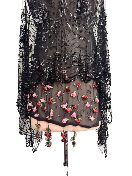 Astral, reworked beaded net capped dress with handmade floral