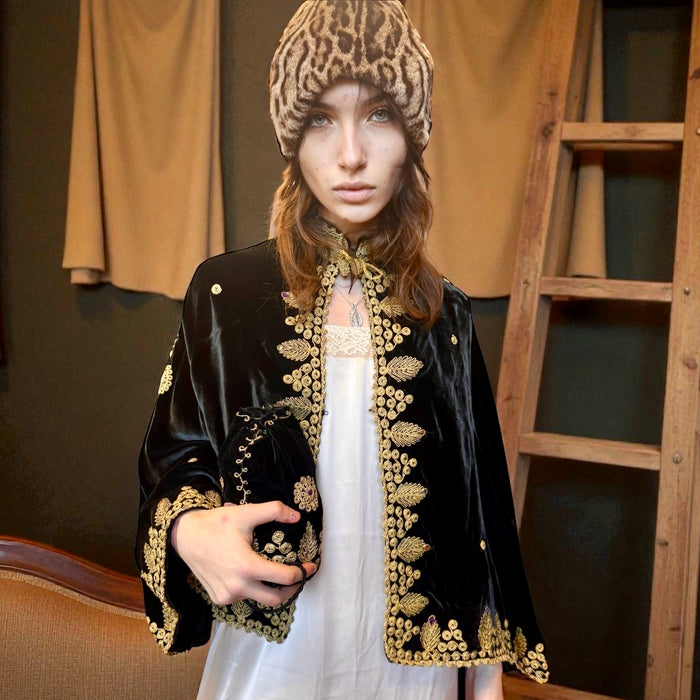 Orion, 30s black velvet and gold thread cape and matching bag