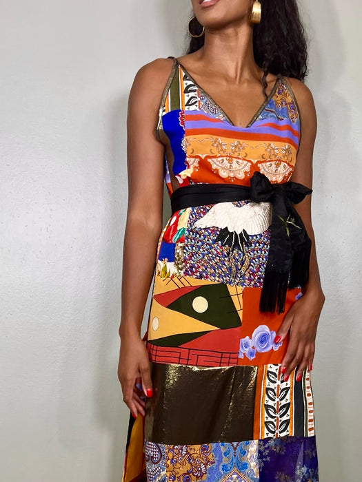 Leora, patchwork mixed print dress