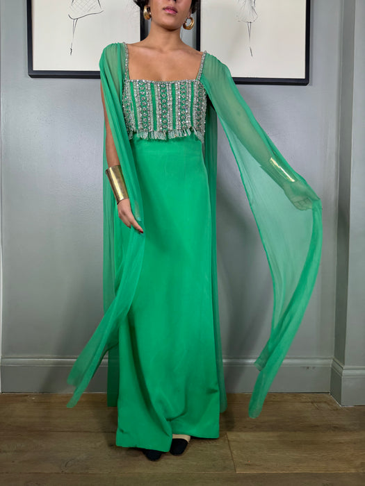 Arianna, jewel green 60s beaded dress