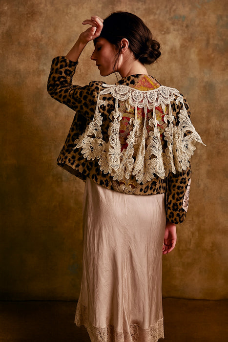 Fulcrum, leopard print long sleeve biker jacket with origin lace and embroidery