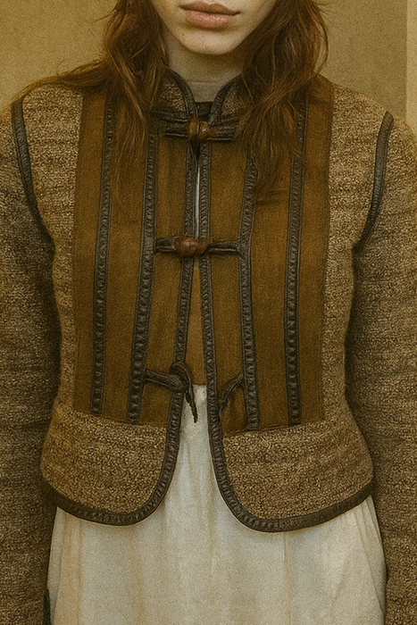 Baccarat, 70s knit and suede toggle jacket