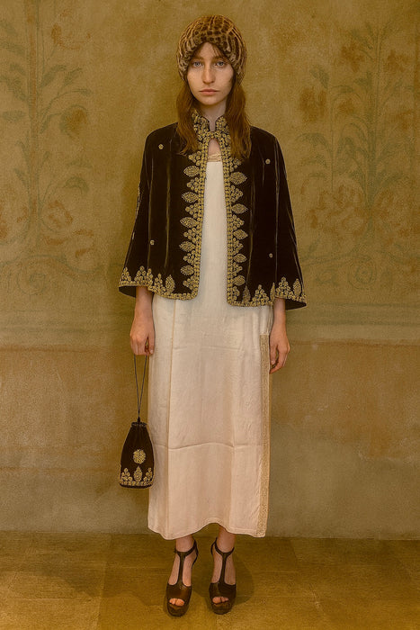 Orion, 30s black velvet and gold thread cape and matching bag