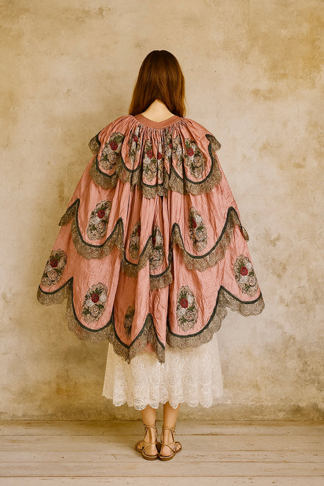 Troy, reworked Victorian silk floral and silver lace scalloped cape