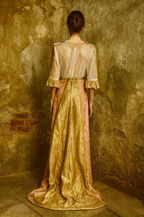 Aurora, reworked 18th C embroidered and lace dress