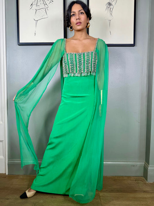 Arianna, jewel green 60s beaded dress