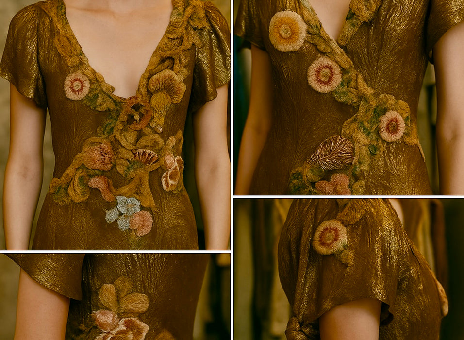 Astrid, 20s bronze/gold bias cut lamé dress with 18thC chenille floral accents