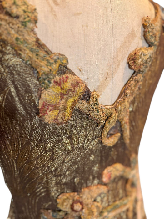 Astrid, 20s bronze/gold bias cut lamé dress with 18thC chenille floral accents