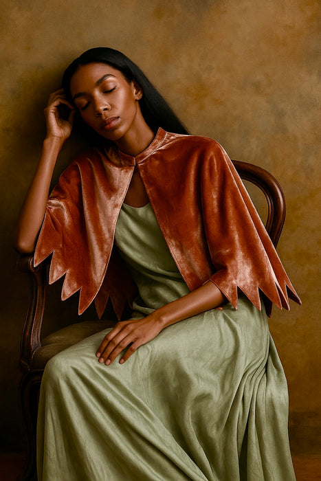 Betty, 20s light peach velour scalloped cape