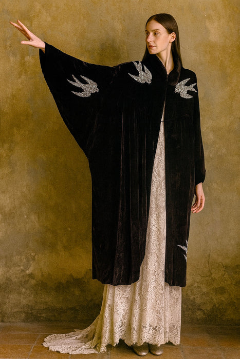 Edna, Art Deco beaded swans silk velour coat