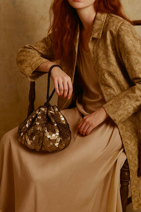 Aida, 20s gold sequence and black cord bucket handbag