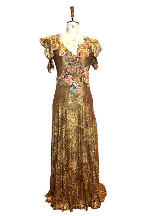 Astrid, 20s bronze/gold bias cut lamé dress with 18thC chenille floral accents