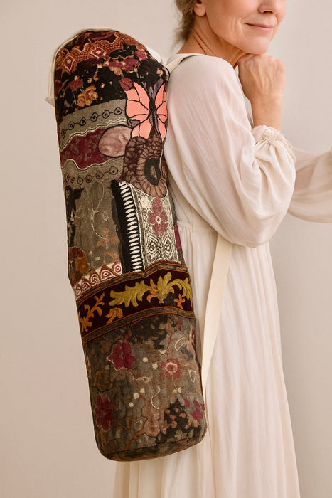 OV Yoga bag, antique patchworked organic recycled cotton yoga bag