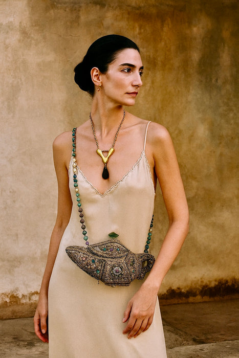 Jasmir, 70s gold and beaded drop necklace