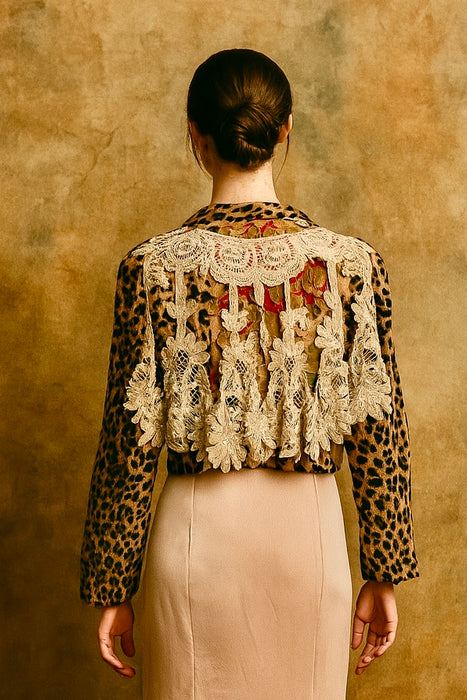 Fulcrum, leopard print long sleeve biker jacket with origin lace and embroidery