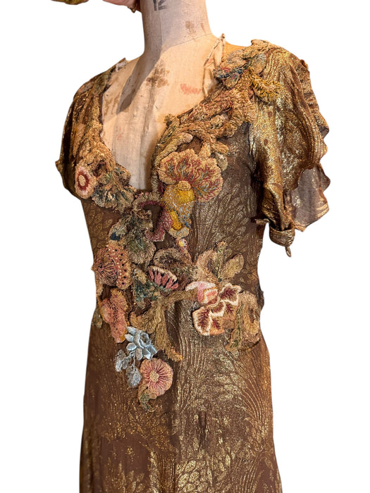 Astrid, 20s bronze/gold bias cut lamé dress with 18thC chenille floral accents
