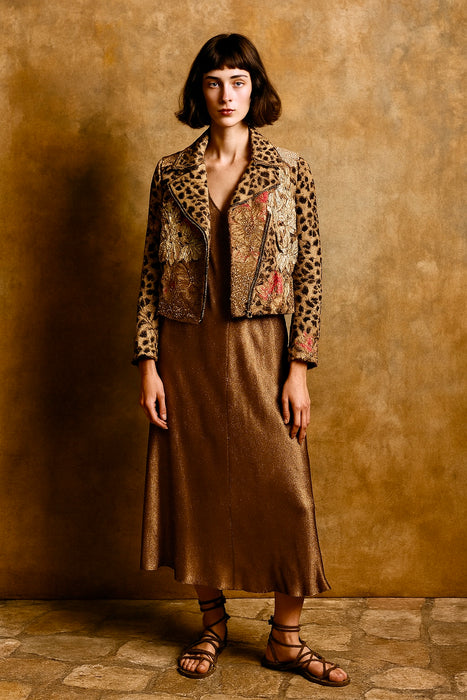 Fulcrum, leopard print long sleeve biker jacket with origin lace and embroidery