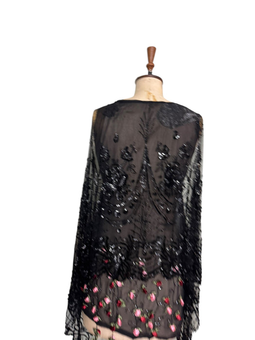Astral, reworked beaded net capped dress with handmade floral