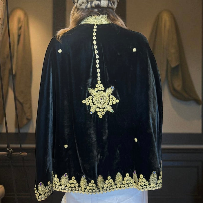 Orion, 30s black velvet and gold thread cape and matching bag
