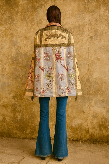 Adonis, reworked rare 20th C silk, lace and metallic fringe cape