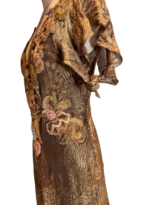 Astrid, 20s bronze/gold bias cut lamé dress with 18thC chenille floral accents