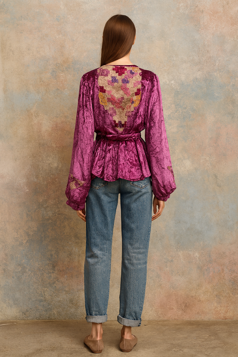 Maureen, reworked 40s Magenta velvet embroidered jacket