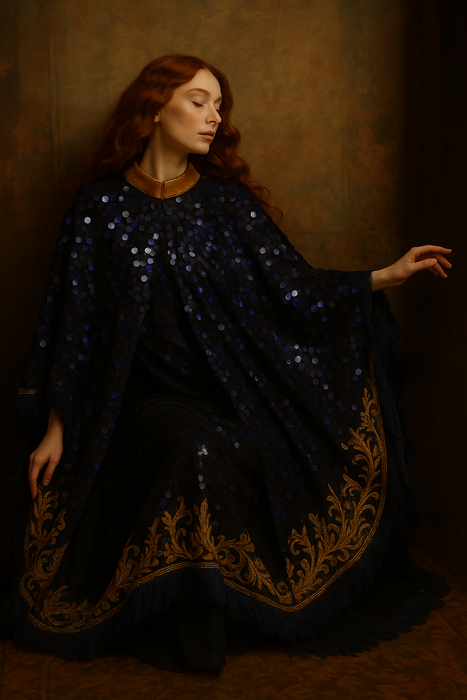 Patricia, original 1920s blue and black large sequin cape with feather trim