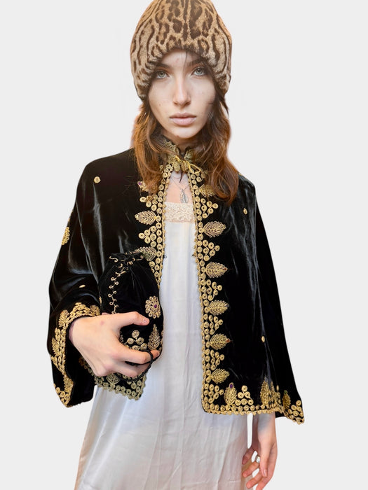 Orion, 30s black velvet and gold thread cape and matching bag