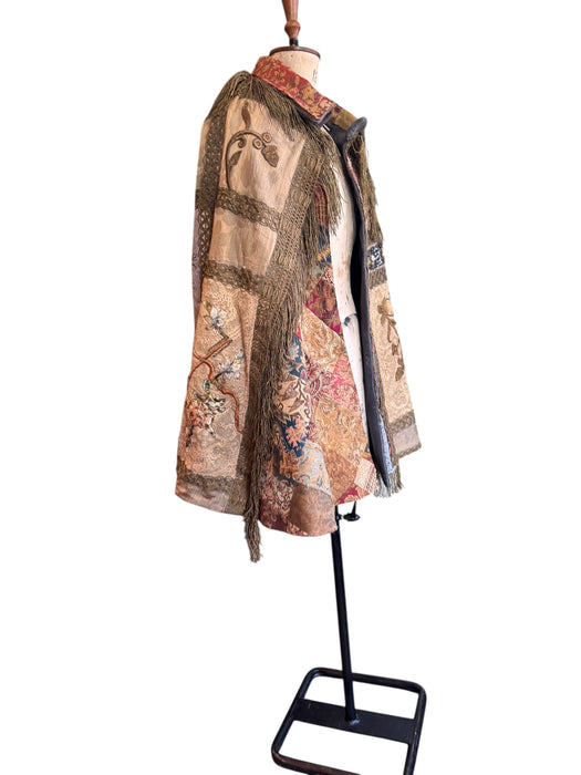 Adonis, reworked rare 20th C silk, lace and metallic fringe cape