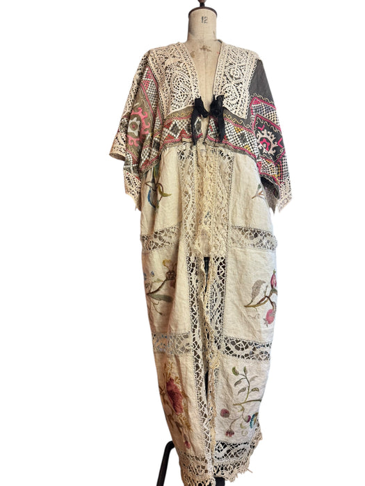 Hermione, reworked antique Rhajastani embroidered top and Victorian embroidered lace coat