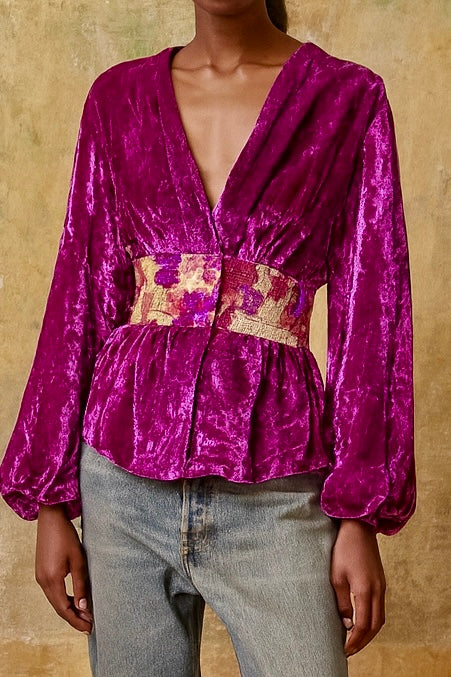 Maureen, reworked 40s Magenta velvet embroidered jacket