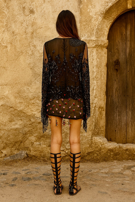 Astral, reworked beaded net capped dress with handmade floral