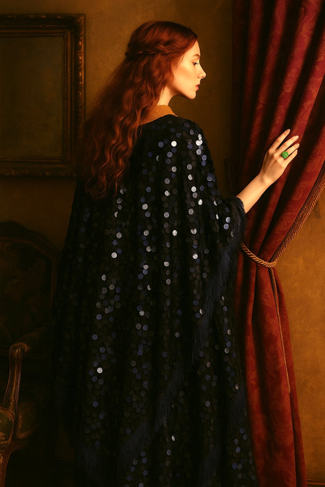 Patricia, original 1920s blue and black large sequin cape with feather trim