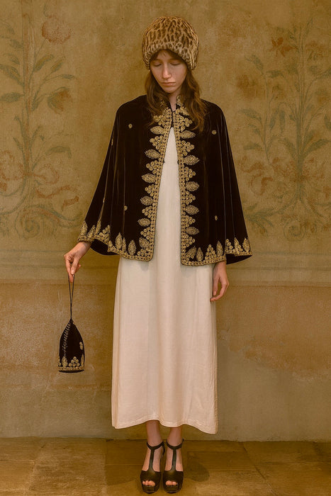 Orion, 30s black velvet and gold thread cape and matching bag
