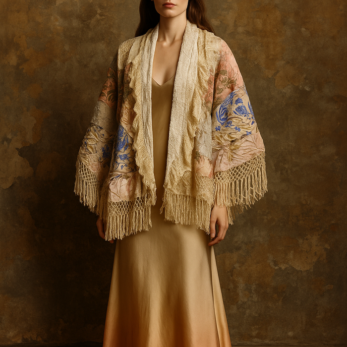 Shakes, 40s patchwork fringed cape with tassel tie