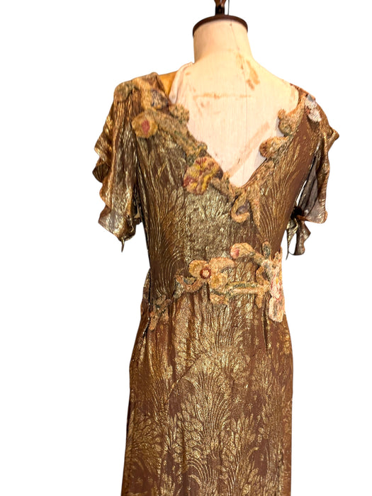 Astrid, 20s bronze/gold bias cut lamé dress with 18thC chenille floral accents