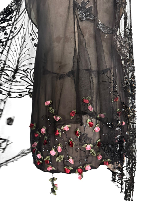 Astral, reworked beaded net capped dress with handmade floral
