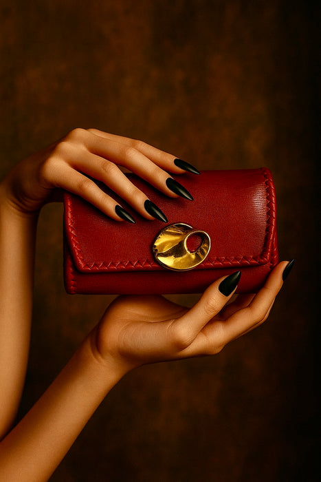 Jasmir, handmade red lizard skin clutch with a sculptural 70s clasp