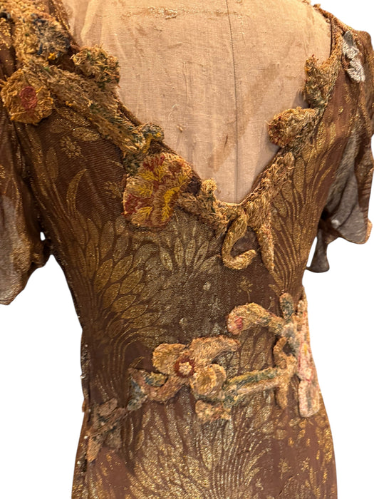 Astrid, 20s bronze/gold bias cut lamé dress with 18thC chenille floral accents