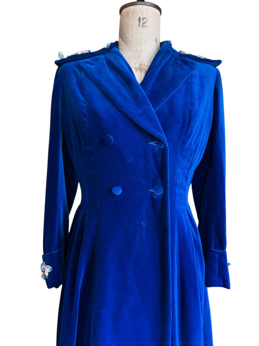 Stevie, 70s couture blue velvet double breasted jewelled coat