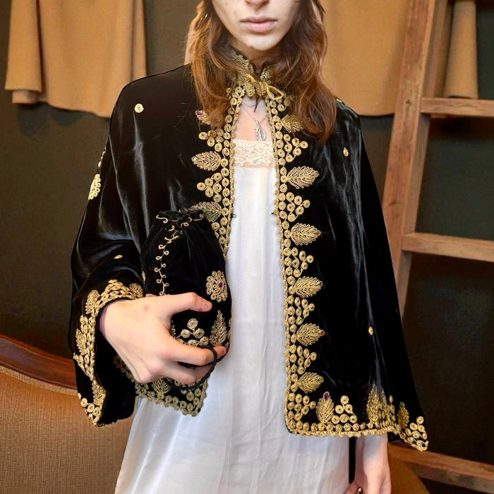 Orion, 30s black velvet and gold thread cape and matching bag