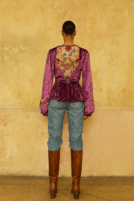 Maureen, reworked 40s Magenta velvet embroidered jacket