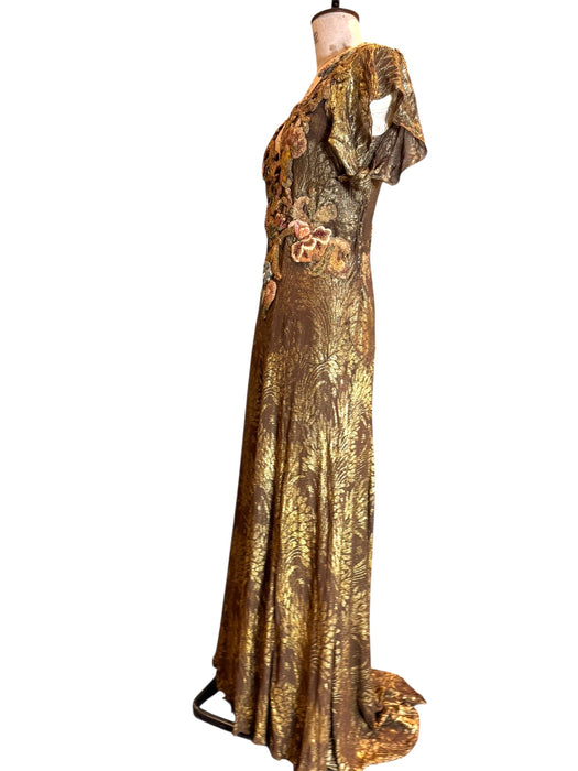 Astrid, 20s bronze/gold bias cut lamé dress with 18thC chenille floral accents