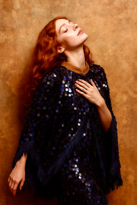 Patricia, original 1920s blue and black large sequin cape with feather trim
